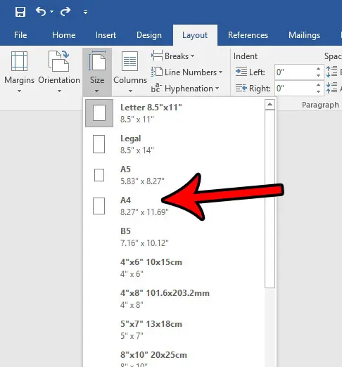how to change to a4 in word 2016