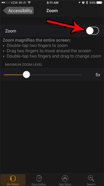 how to disable zoom on the apple watch