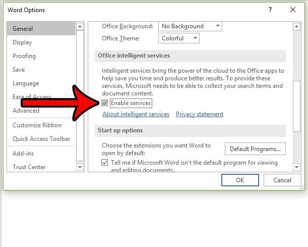 how to enable intelligent services in word 2016