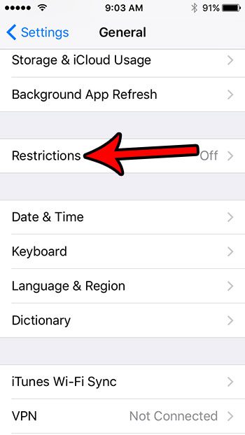 open iphone se restrictions menu