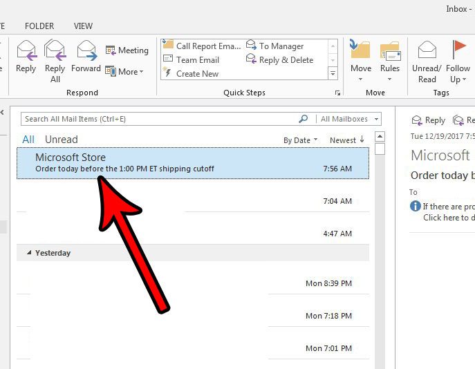 select an email in outlook 2013
