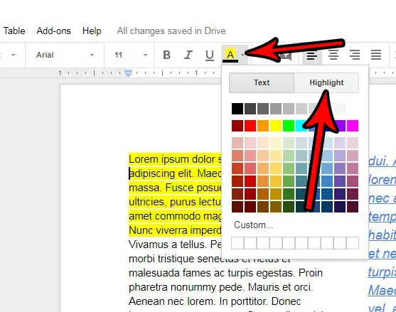 google docs text highlighting menu