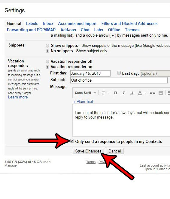 how to send gmail vacation response to contacts only