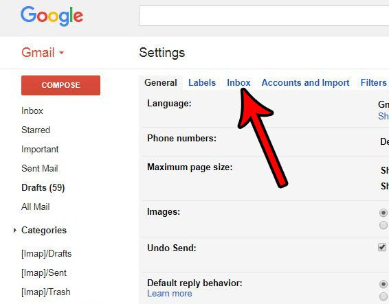 click the inbox tab in gmail settings