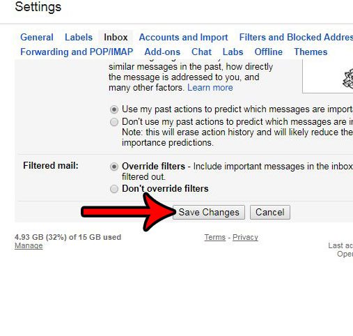 save changes to gmail settings