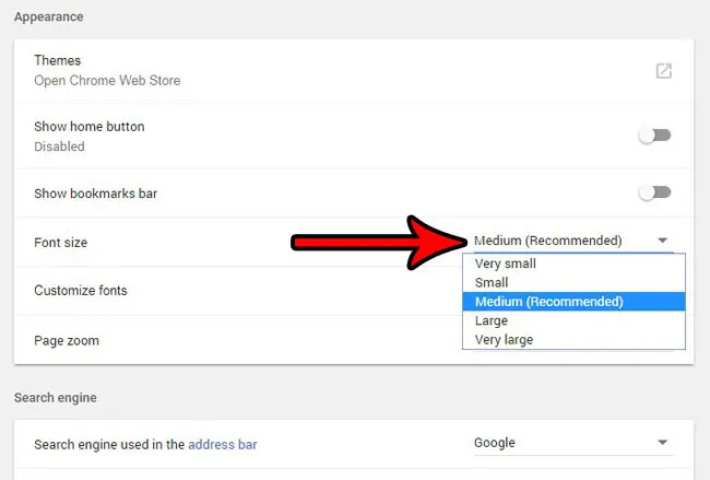 how to change default font size in google chrome