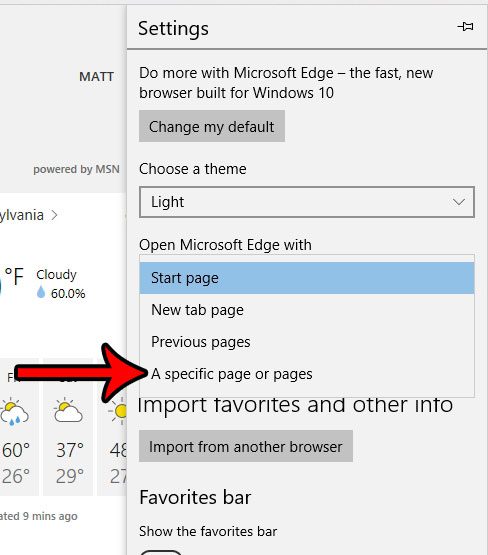 use a different starting page in microsoft edge