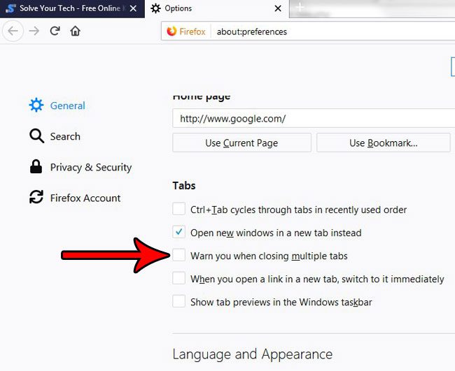 how to turn off warning when trying to close multiple tabs in firefox