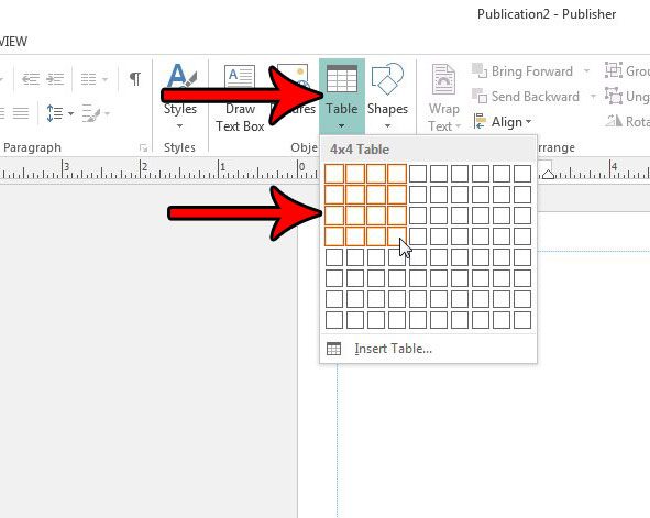 how to create tables in publisher 2013