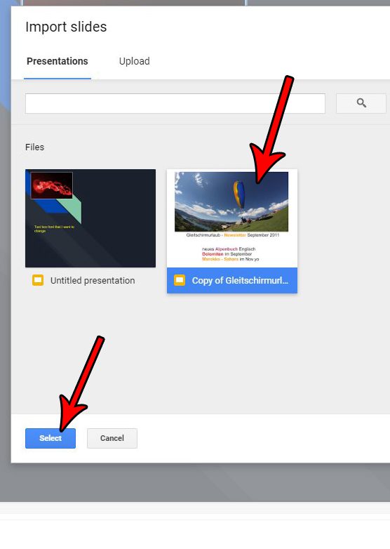select the presentation with the slides to import