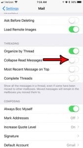 how to stop collapsing read messages in email threads on iphone