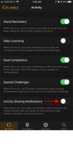 how turn off activity sharing notifications apple watch