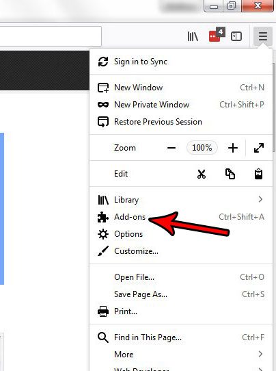 open the add ons menu in firefox