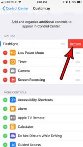 how remove flashlight control center iphone 7