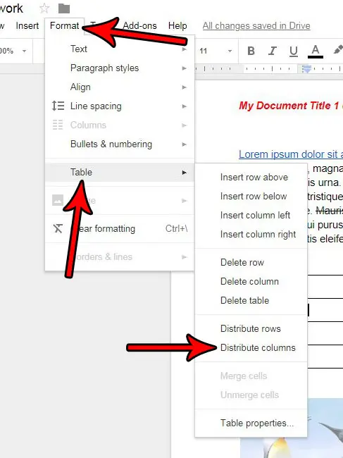 how make columns same size google docs