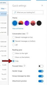 how hide reading pane in outlook.com email account