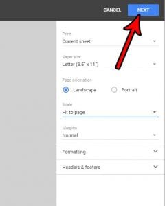 fit spreadsheet one page printing google sheets