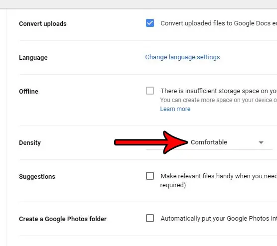 change file display density in google drive