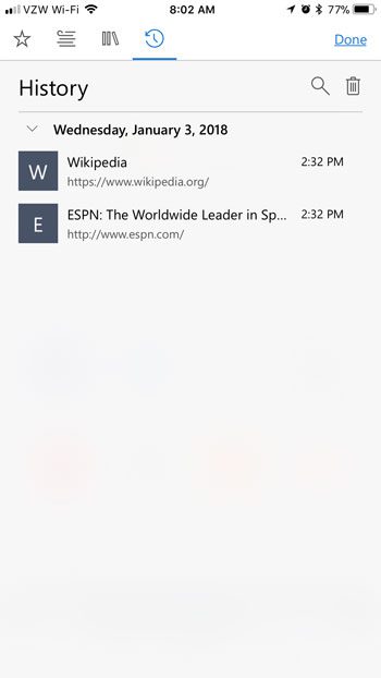 how to view browsing history in edge iphone app