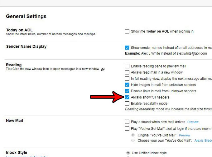how always view headers aol mail