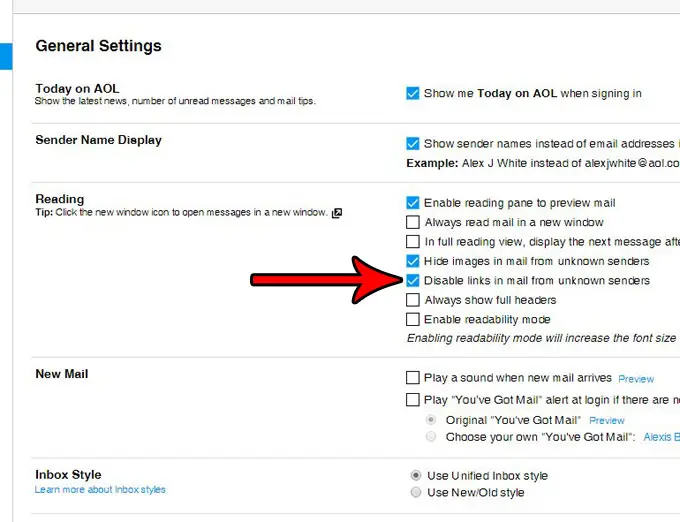 how disable links from unknown senders in aol