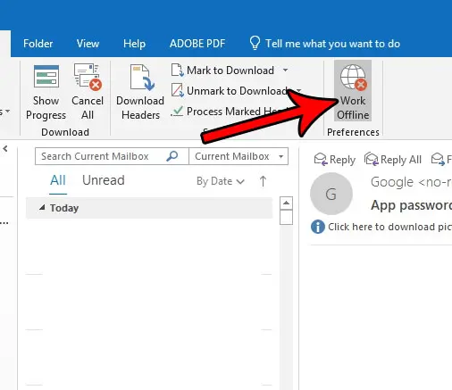 how disable work offline mode outlook 2016