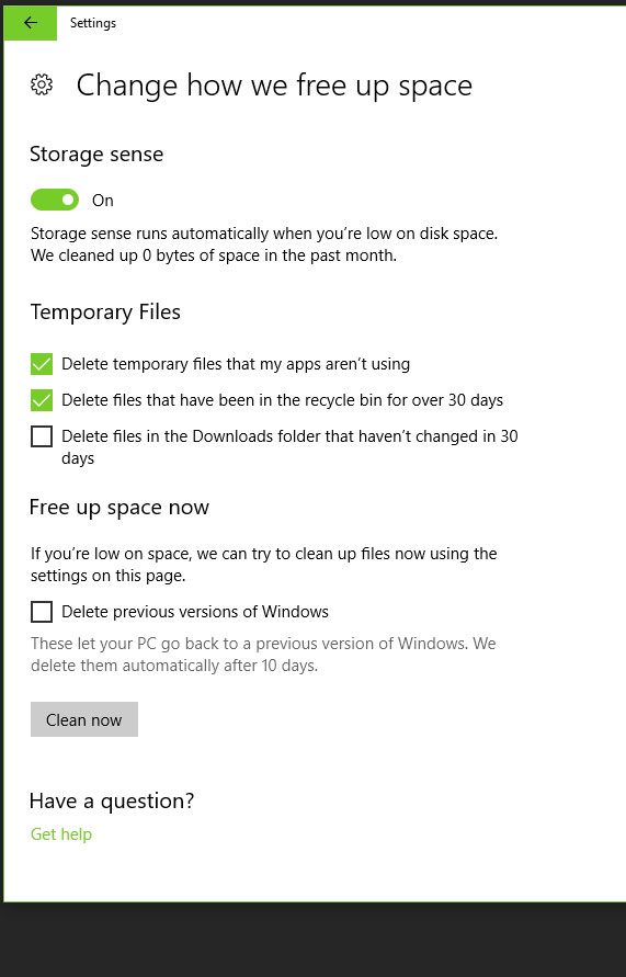 change windows 10 storage sense settings