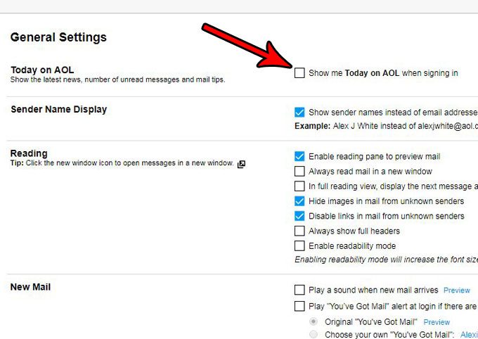 how to stop showing aol today on sign in