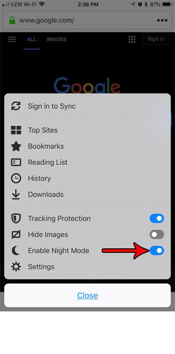 how to enable or disable night mode in firefox on an iphone