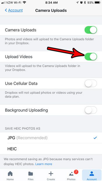 how to enable video uploads in dropbox on an iphone 7