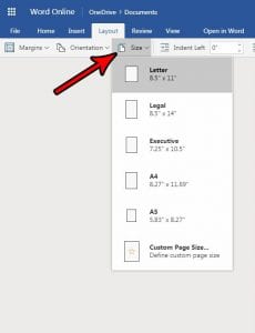 how to change paper size in word online