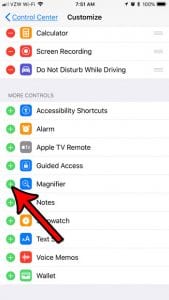 how add magnifier control center iphone 7