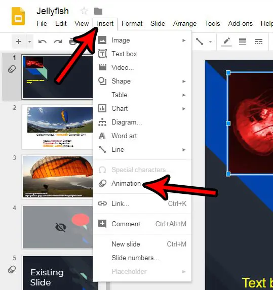 open animation menu in google slides