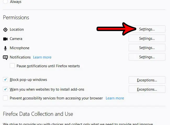 how to stop websites from asking to use location in firefox