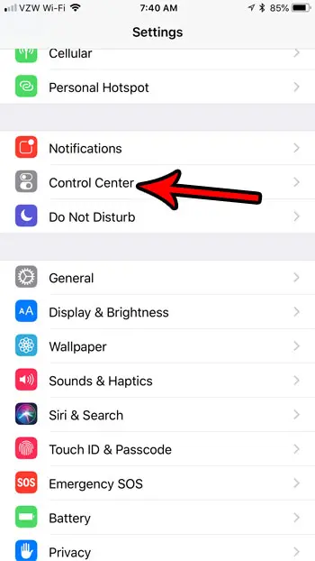 open control center settings