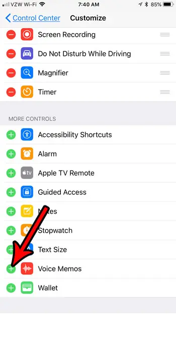add voice memos to control center on iphone