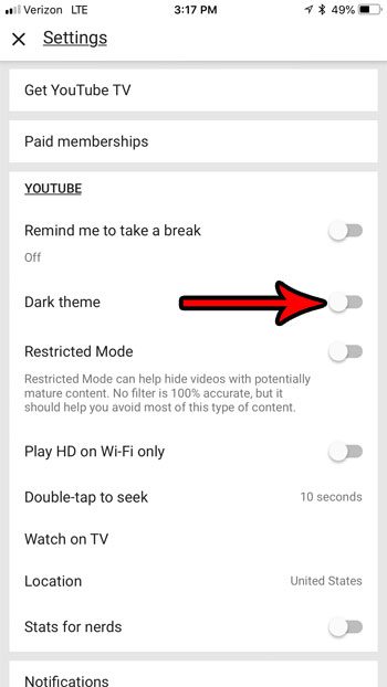 enable dark mode youtube iphone