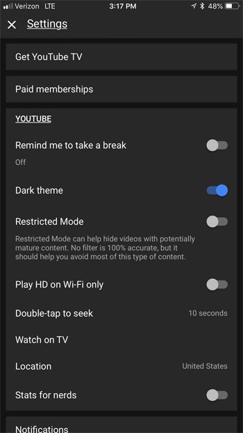 enable night mode youtube iphone