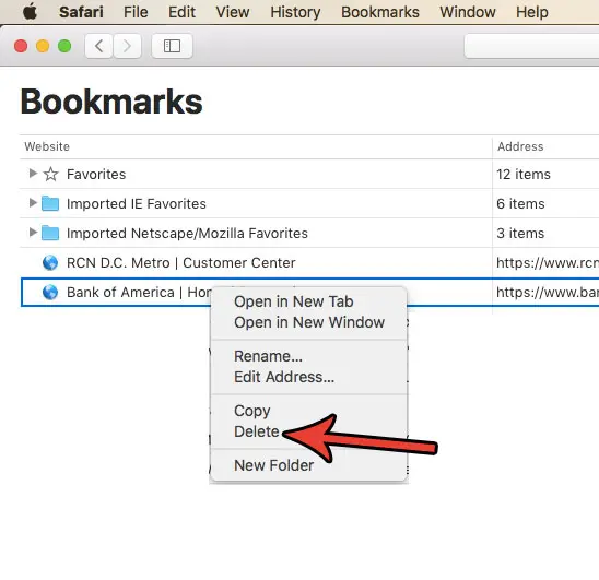 delete a bookmark in safari on a mac