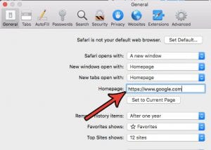 change your homepage to google in mac safari