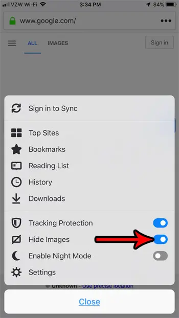 how to hide images in firefox  on an iphone