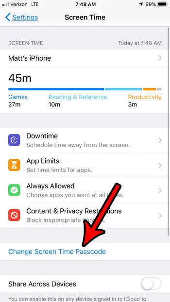 how to change passcode for screen time on iphone