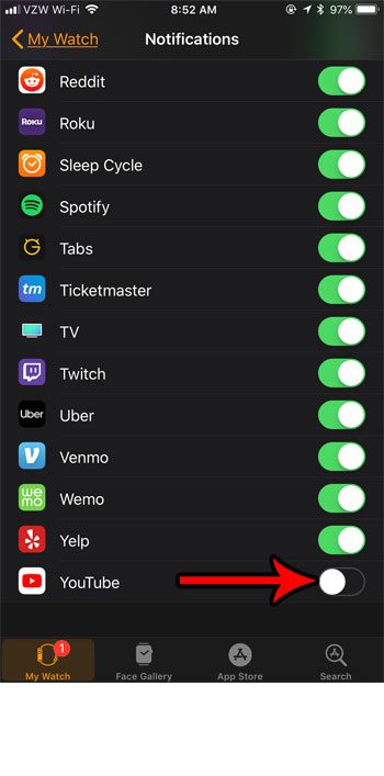 how to turn off youtube notificartions apple watch