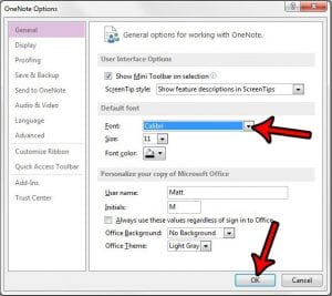 can I change the default font in onenote 2013