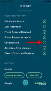 how to turn off gift notifications pokemon go