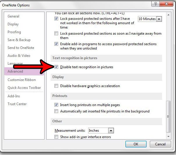 how to disable text recognition for pictures in onenote 2013