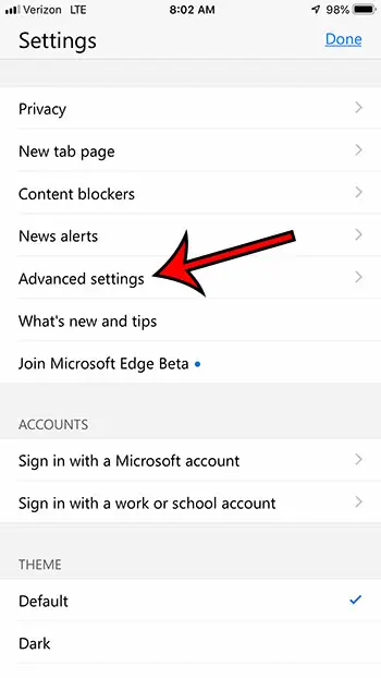edge iphone advanced settings