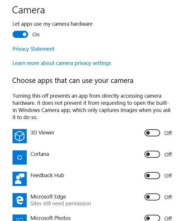 how to change camera permissions in windows 10