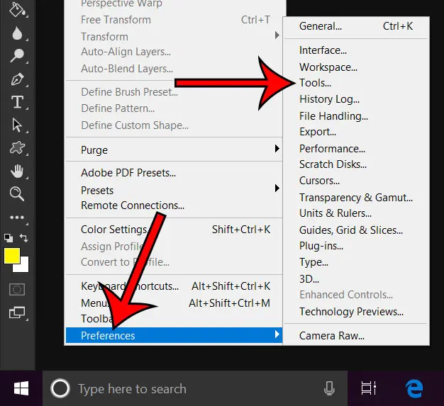 photoshop preferences tools menu