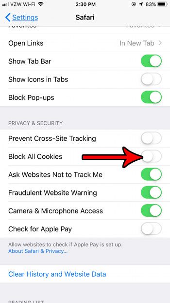 how to enable cookies on an iphone
